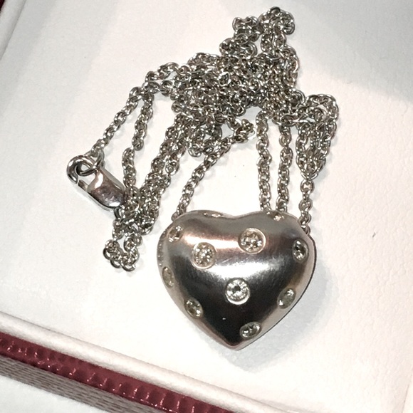 Solid Stamped 14K White Gold Natural Diamond Chunky Heart Pendant Necklace - Picture 6 of 16